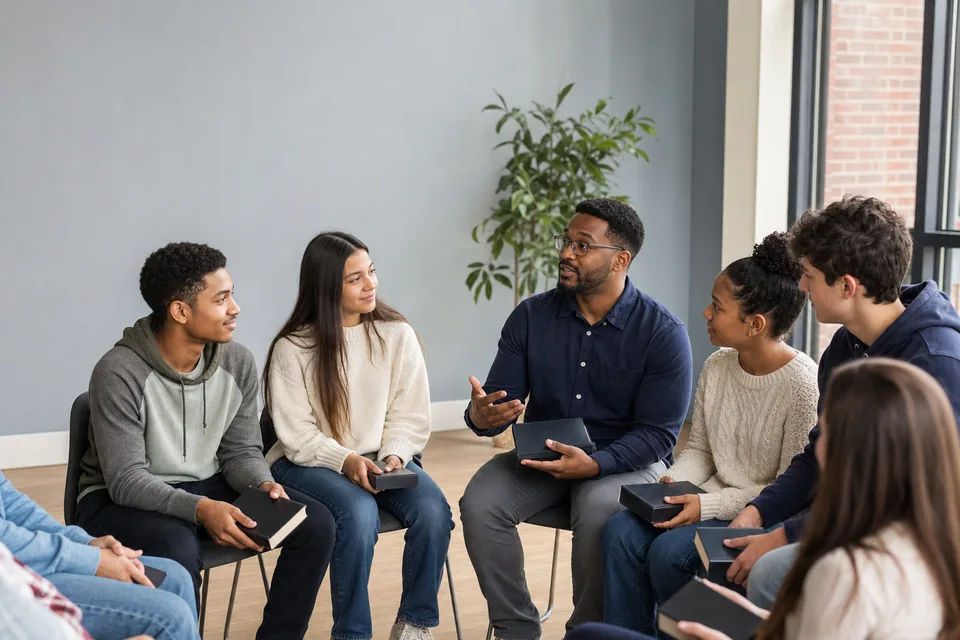 Illustrative photograph of teenagers and young adults taking part in a supervised faith discussion.