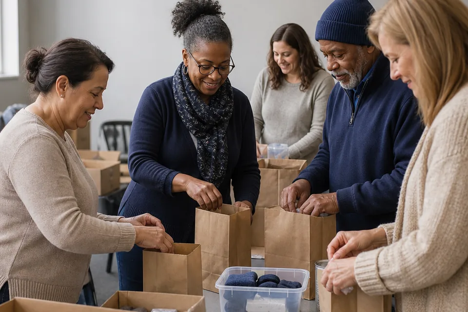Illustrative photograph of church volunteers preparing care packages together.
